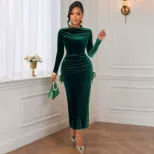 Velvet Maxi Dress for Women Dark Green Long Sleeve Slim Fit Side Pleats Elegant Spring Summer Ou