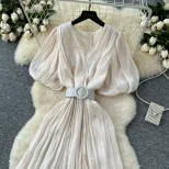 Elegant Puff Sleeve Maxi Dress for Women V Neck High Waist Design Summer Evening Wear