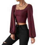 Wine Red Square Neck Short Knit Top for Women Long Sleeve Vintage Lantern Sleeves Slim Fit Sprin