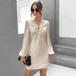 Elegant A Line Dress Long Puff Sleeves V Neck Ruched Bodice Hollow Out Design Perfect for Partie