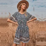 Geometric Floral Print Dress Round Neck Short Sleeve Summer Style Perfect for Casual Outings Who