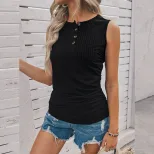 Womens Sleeveless Solid Color T Shirt Round Neck Knitted Button Detail Versatile Summer Top Whol