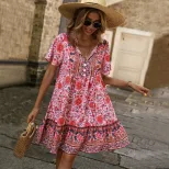 Bohemian Floral Print Maxi Dress V Neck Loose Fit Plus Size Casual Vacation Wear Wholesale Avail