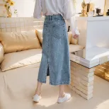 High Waisted A Line Denim Skirt Plus Size Mid Length Split Design Casual Wear for Students Whole