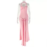 Solid Color Womens Bodycon Midi Dress Backless Halter Neck Ruched Design Elegant Evening Wear OE