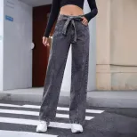 Casual High Waisted Irregular Denim Pants Slim Fit Lace Up Design Trendy Style Perfect for Every