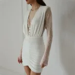 Elegant Womens Dress Solid Color Deep V Neck Lace Panel Waist Defined Slim Fit Cocktail Party or