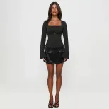 Black Womens Top Unique Design Square Neckline M Shaped Metal Buckle Ruffled Details Slim Fit Lo