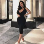 Sexy Hollow Out Bodycon Dress Asymmetrical Neckline Sleeveless Slim Fit Perfect for Parties and
