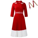 Color Block A Line Dress Long Sleeve Pleated Solid Color Autumn Winter Fashion for Women Wholesa