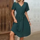 Womens Vintage Pleated Dress Dark Green Elegant Fit Summer Occasion private label