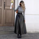 A Line PU Leather Midi Skirt Flattering Fit Flared Hem Plus Size Casual or Evening Wear Wholesal