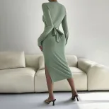 Womens Long Sleeve Bodycon Midi Dress Round Neck Slim Fit Elegant Style Perfect for Parties and
