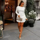 Elegant Womens Pleated Dress Solid Color Slim Fit Long Sleeve Round Neck Chic Casual Wear for Sp
