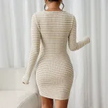 Womens Bodycon Dress Solid Color U Neck Long Sleeve Striped Skirt Spring Summer Fashion Wholesal