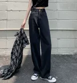 跨境牛仔裤女2023春季新款韩版百搭复古设计感高腰宽松阔腿直筒裤