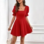 Red Square Neck Puff Sleeve Mini Dress Slim Fit Waist Defined Elegant Style Perfect for Parties