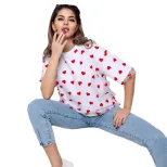 Loose Fit Heart Mesh Patchwork T Shirt Sexy Design Short Sleeve Round Neck Casual Wear for Women