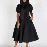 Elegant Puff Sleeve Solid Color Maxi Dress Waist Tie Flattering Fit Spring Summer Style Wholesal