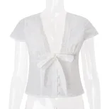 Womens Summer T Shirt Sexy V Neck Bow Tie Detail Short Sleeve French Style Casual Wear Wholesale