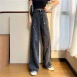 欧洲站2023春秋新款泼墨爱心牛仔裤女复古ins高腰宽松直筒阔腿裤