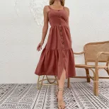 Cotton Linen Maxi Dress Simple Solid Color Sleeveless Casual Style Perfect for Summer Vacations