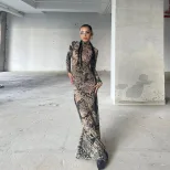 Fashionable Womens Sheer Mesh Floral Print Dress High Neck Slim Fit Trendy Style Perfect for Spr