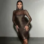 Womens Bodycon Dress Sheer Long Sleeves Gold Foil Detailing Slim Fit Elegant Evening Wear Wholes