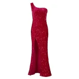 Elegant Sequin Maxi Dress Asymmetrical Shoulder Sexy Slit Fashionable Design Evening Wear Party