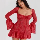 Womens Lace Flare Sleeve A Line Dress Elegant Slim Fit Stylish Design Perfect for Autumn Events
