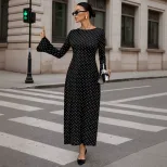Black Polka Dot Maxi Dress for Women Long Sleeve Open Back Slim Fit Adjustable Tie Spring Summer