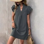 Summer Casual Loose Straight Dress Stand Collar Solid Color Comfortable Fabric Vacation Wear Who