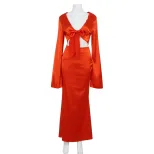 Fashionable Womens Long Sleeve V Neck Maxi Dress with Tie Detail Elegant Low Waist Design Perfec