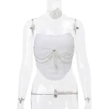 Summer Womens Pearl Chain Bustier Top and Fringe Mini Skirt Set European Style Chic Design Trend