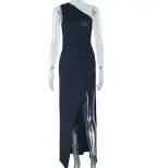 Fashionable Solid Color Long Dress Asymmetrical Neckline Sleeveless Side Slit Casual Wear Summer