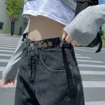 2023春季新款韩版学生调节扣浅色牛仔裤女时尚百搭宽松显瘦直筒裤