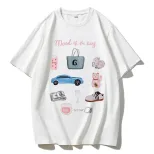 Womens Summer Loose Fit Cotton T Shirt Hand Painted Floral Print Casual Round Neck Short Sleeve