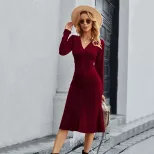 V Neck Midi Dress Elegant Style Burgundy Color Soft Korean Velvet Fabric Spring Summer Occasion