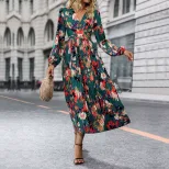 Floral Print Long Sleeve Dress Elegant Green Design Autumn Party Travel Wear Wholesale Available