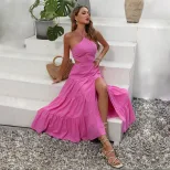 Summer High Waist Hollow Out Maxi Dress Sexy Halter Neck Solid Color Elegant Style Perfect for P