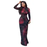 Color Block Printed Bodycon Dress for Women Long Sleeve Slim Fit Elegant Style Perfect for Parti