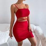 Fashionable Hollow Out Bodycon Dress Sleeveless Solid Color Knit Fabric Casual Summer Wear Whole