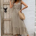 Elegant Geometric Print Sleeveless Dress Summer Casual Wear Waist Defining Design Available for
