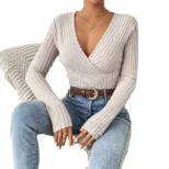 Womens Slim Fit V Neck Long Sleeve T Shirt Ribbed Fabric Soft Touch Elegant Style Spring Summer