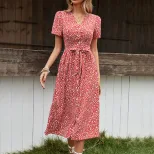 Vintage Floral Split Maxi Dress Sweet V Neck Summer Style Comfortable Fit Wholesale Available