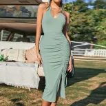 Womens Backless V Neck Bodycon Dress Ruching Detail Halter Neck Slim Fit Spring Summer Fashion W