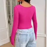 Womens Slim Fit Long Sleeve T Shirt Fashionable Versatile Short Length Barbie Pink Spring Summer
