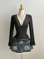 Deep V Lace Panel Long Sleeve T Shirt Sexy Slim Fit Womens Fashion Top Perfect for Night Out or
