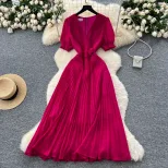 French Elegant V Neck Puff Sleeve Floral Waist Defined Pleated Maxi Dress for Women Summer Slim Fit Wholesale Available