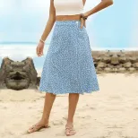 High Waisted Floral Split Skirt Summer Style Blue Color Comfortable Fabric Perfect for Casual Ou